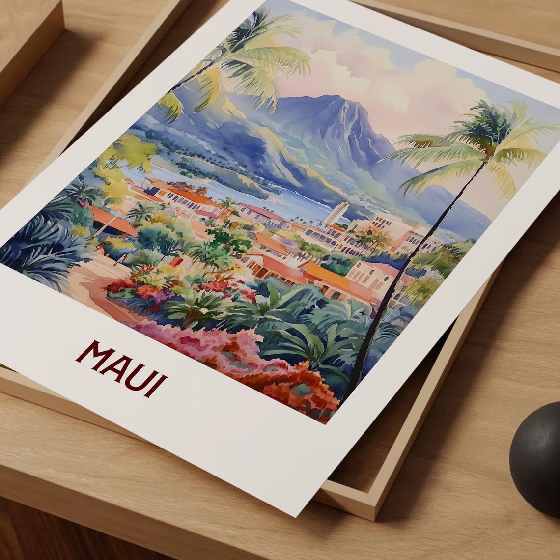 Maui Hawaii Island Volcano Mountain Coast Pastel Watercolor Poster - Image 2