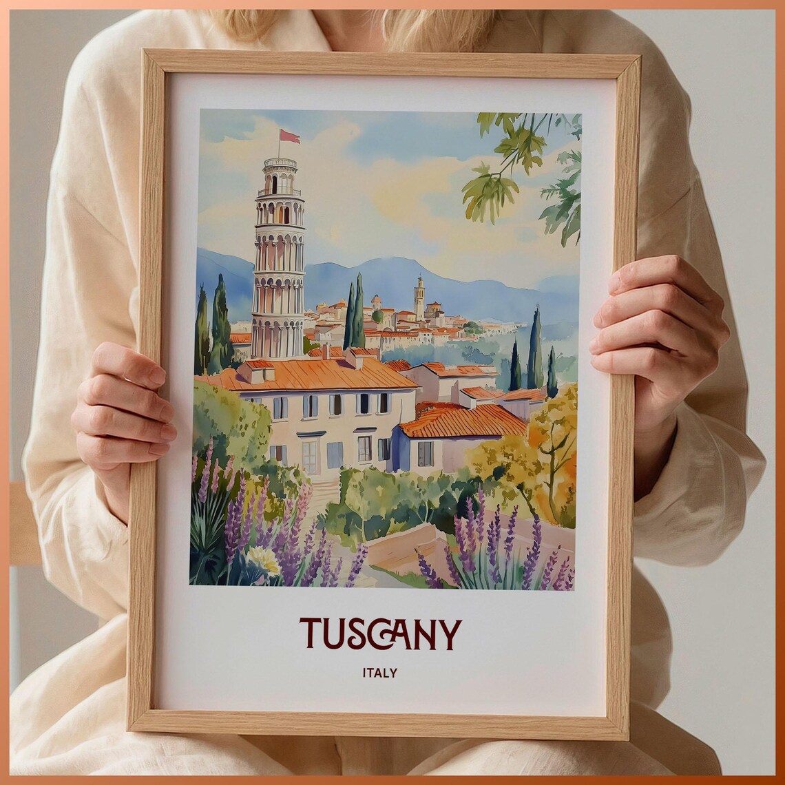 Tuscany Italy Historic Tower Lavender Watercolor Travel Poster