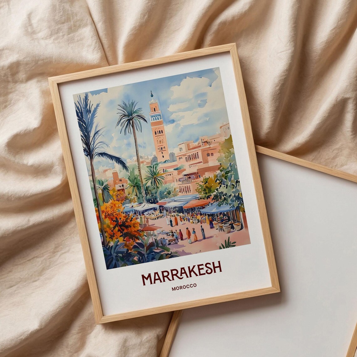 Marrakesh Morocco Koutoubia Minaret Souk Market Watercolor Poster - Image 3