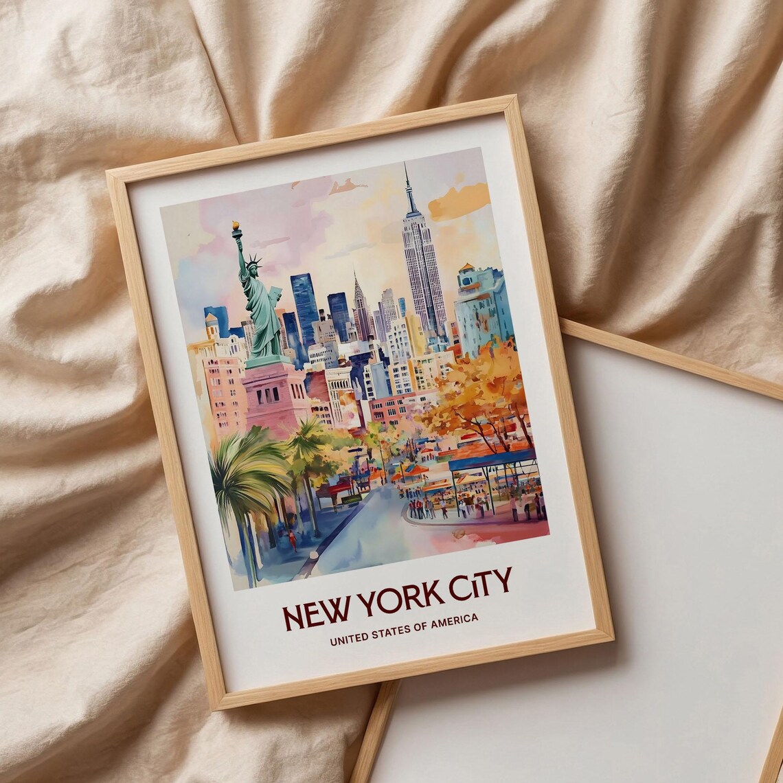 New York City Statue Of Liberty Skyline Watercolor Travel Poster - Image 3
