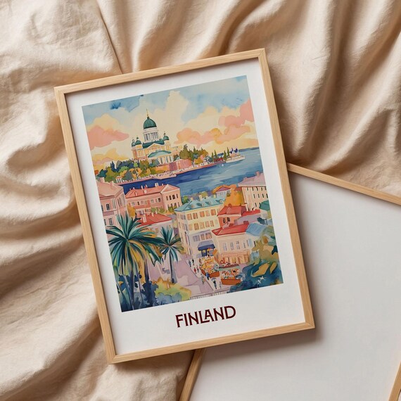 Finland Helsinki Harbor Cathedral Watercolor Travel Poster Baltic