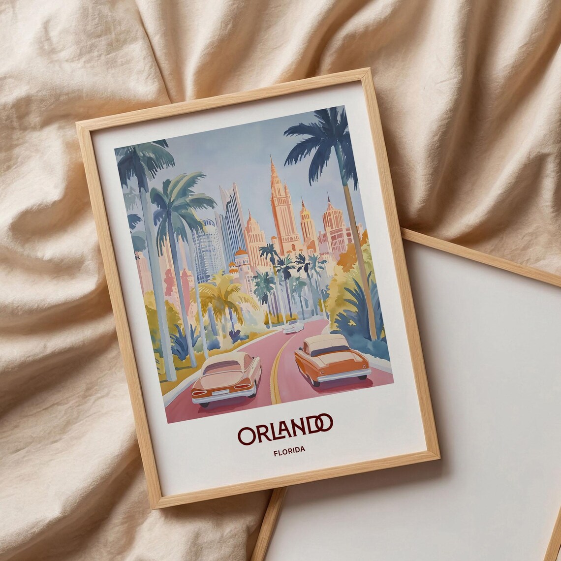 Orlando Florida Retro Skyline Palms Classic Cars Travel Art Poster - Image 3