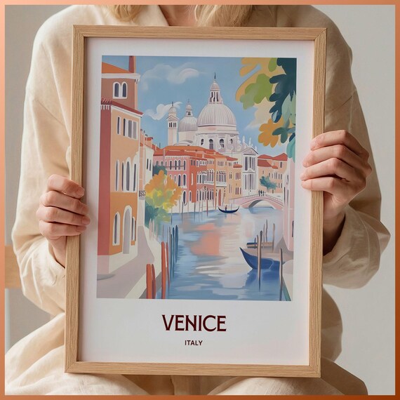 Venice Italy Grand Canal Gondolas Domed Church Watercolor Travel Poster
