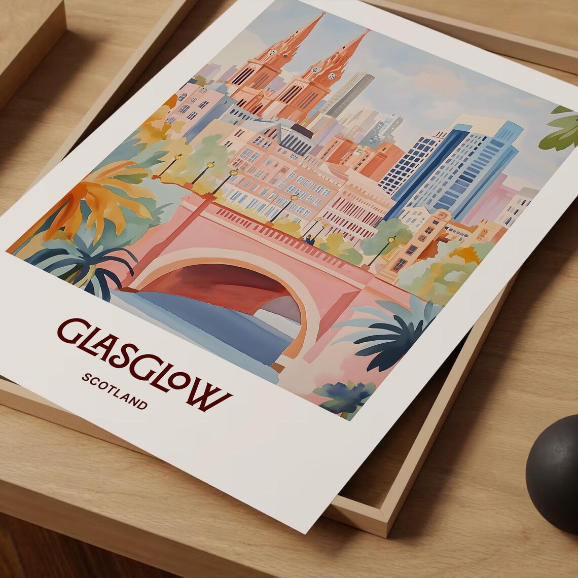 Glasgow Scotland Pastel River Bridge Cityscape Watercolor Poster - Image 2