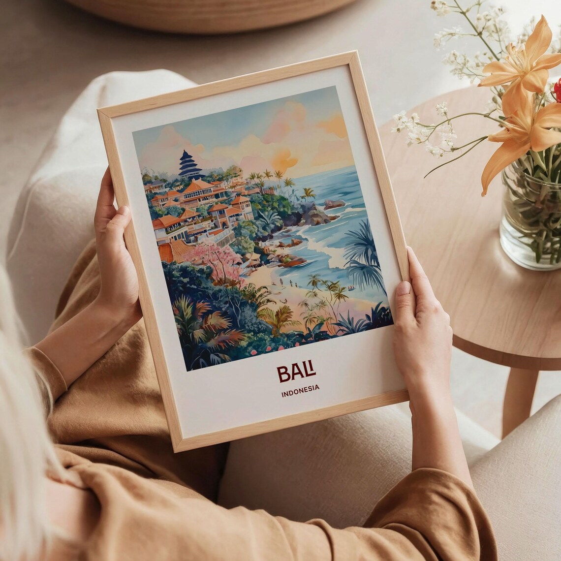 Bali Indonesia Watercolor Temple Beach Cove Tropical Coastline Art Poster - Image 5