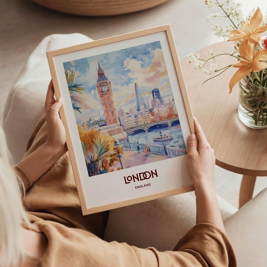 London England Big Ben Thames Riverside Pastel Watercolor City Poster - Image 5