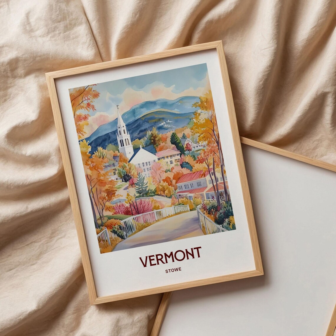 Vermont Stowe Watercolor Fall Foliage White Church Mountain Town Poster - Image 3