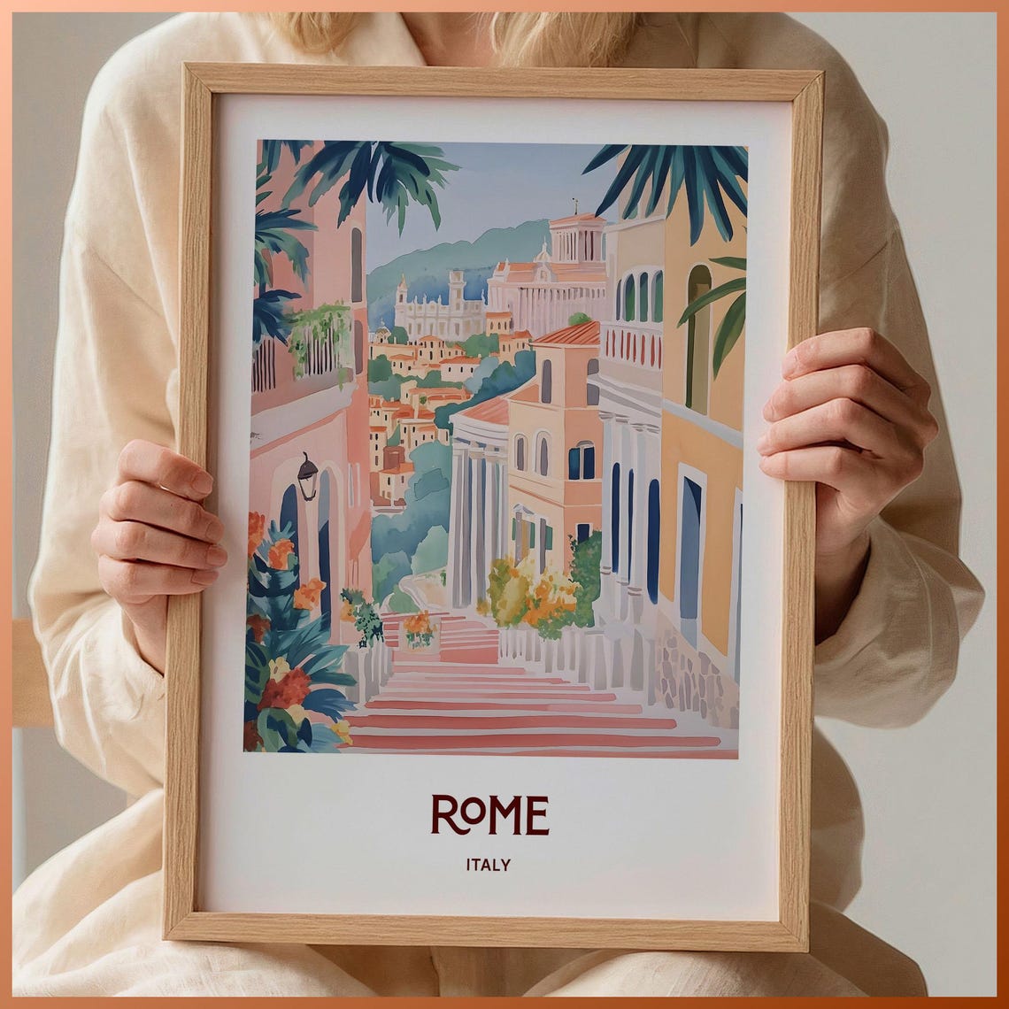 Rome Italy Spanish Steps Pastel Cityscape Watercolor Travel Poster