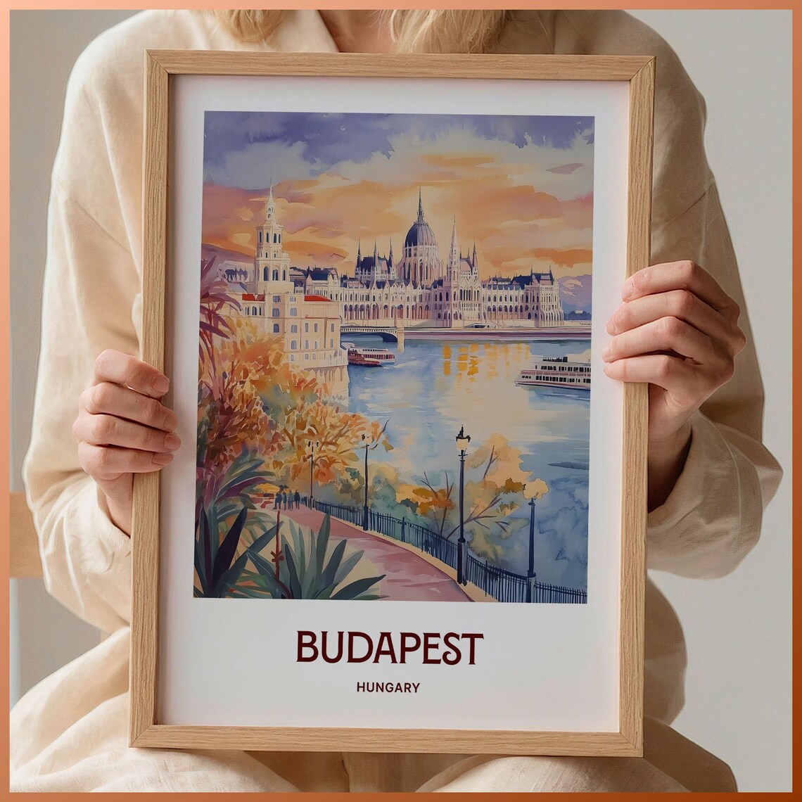 Budapest Hungary Parliament Danube Sunset Watercolor Cityscape Travel Poster