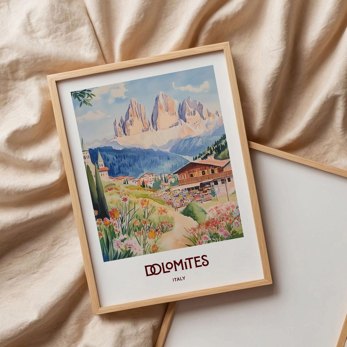 Dolomites Italy Alpine Village Jagged Peaks Watercolor Travel Poster - Image 3