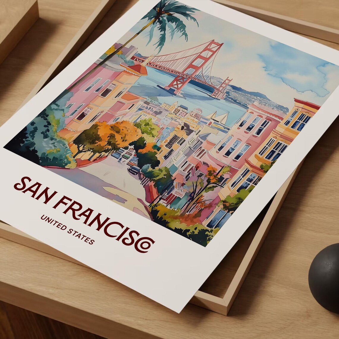 San Francisco Golden Gate Bridge Watercolor Poster Hills Street - Image 2