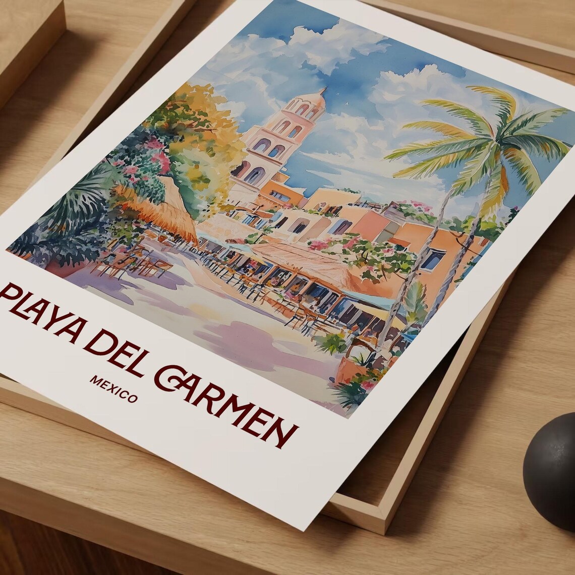 Playa Del Carmen Mexico Church Tower Palm Beach Watercolor Travel Poster - Image 2