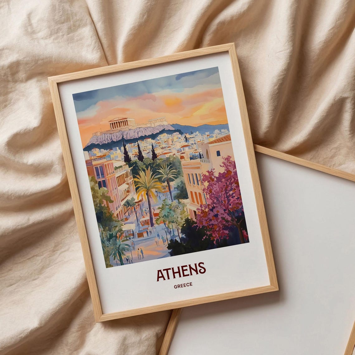 Athens Greece Sunset Acropolis Cityscape Watercolor Travel Poster - Image 3