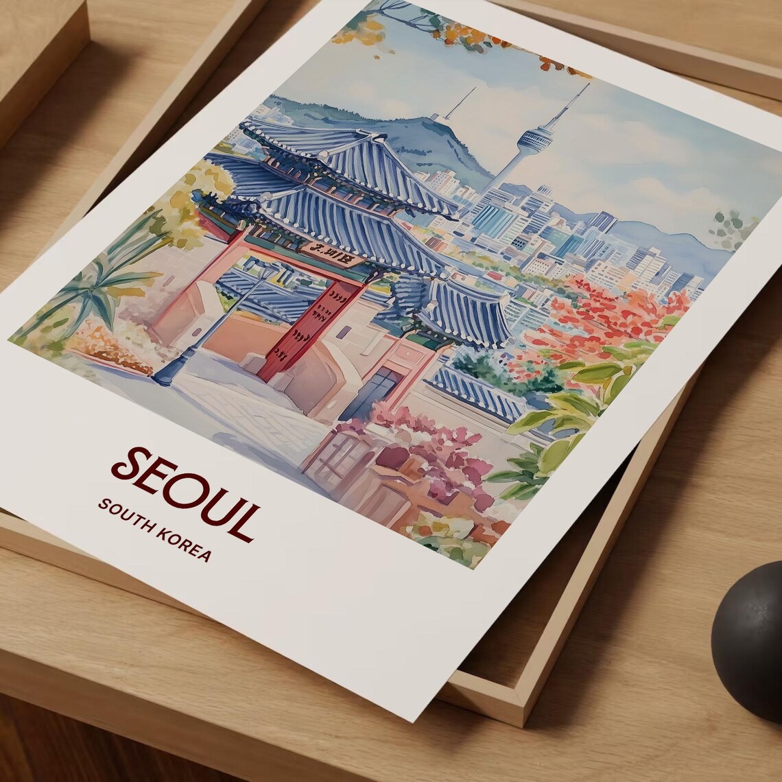 Seoul South Korea Temple Gate Tower Watercolor Travel Poster - Image 2