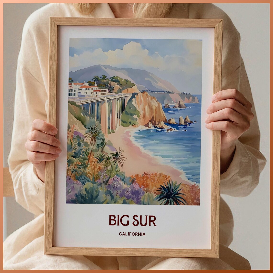 Big Sur California Bixby Bridge Cliffs Beach Watercolor Travel Poster