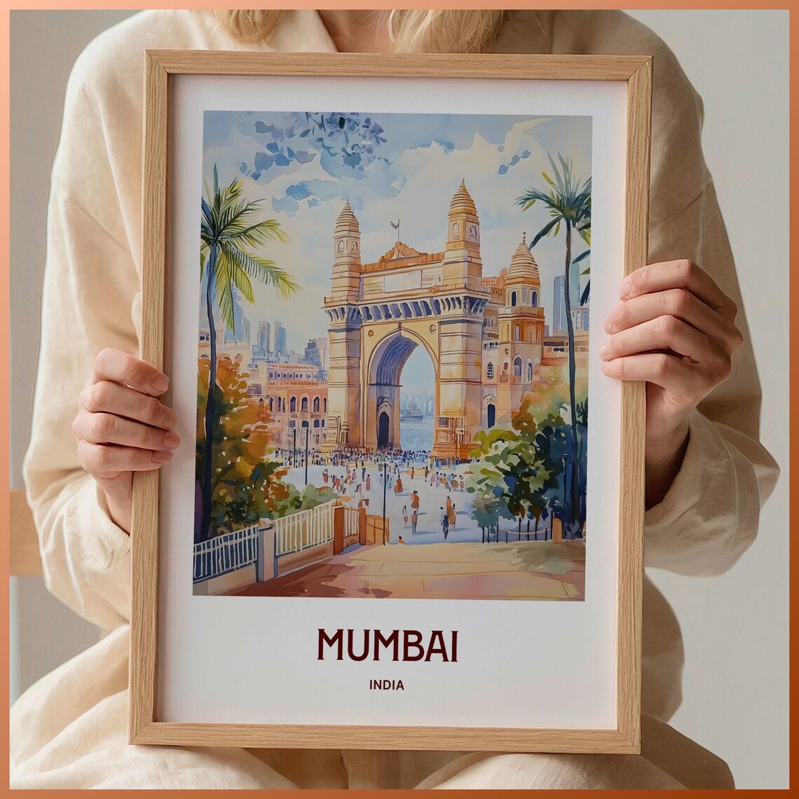 Mumbai India Gateway Arch Crowded Square Watercolor Travel Poster