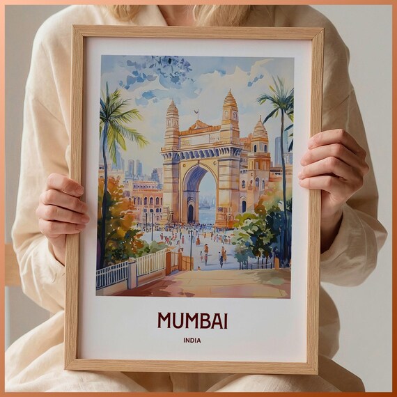 Mumbai India Gateway Arch Crowded Square Watercolor Travel Poster