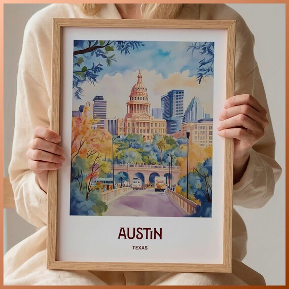 Austin Texas Capitol River Bridge Watercolor Cityscape Poster