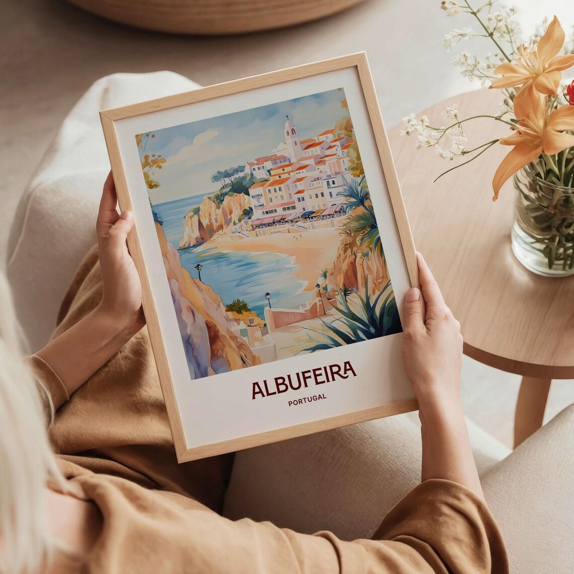 Albufeira Portugal Beach Cove Cliffs White Town Watercolor Travel Poster - Image 5