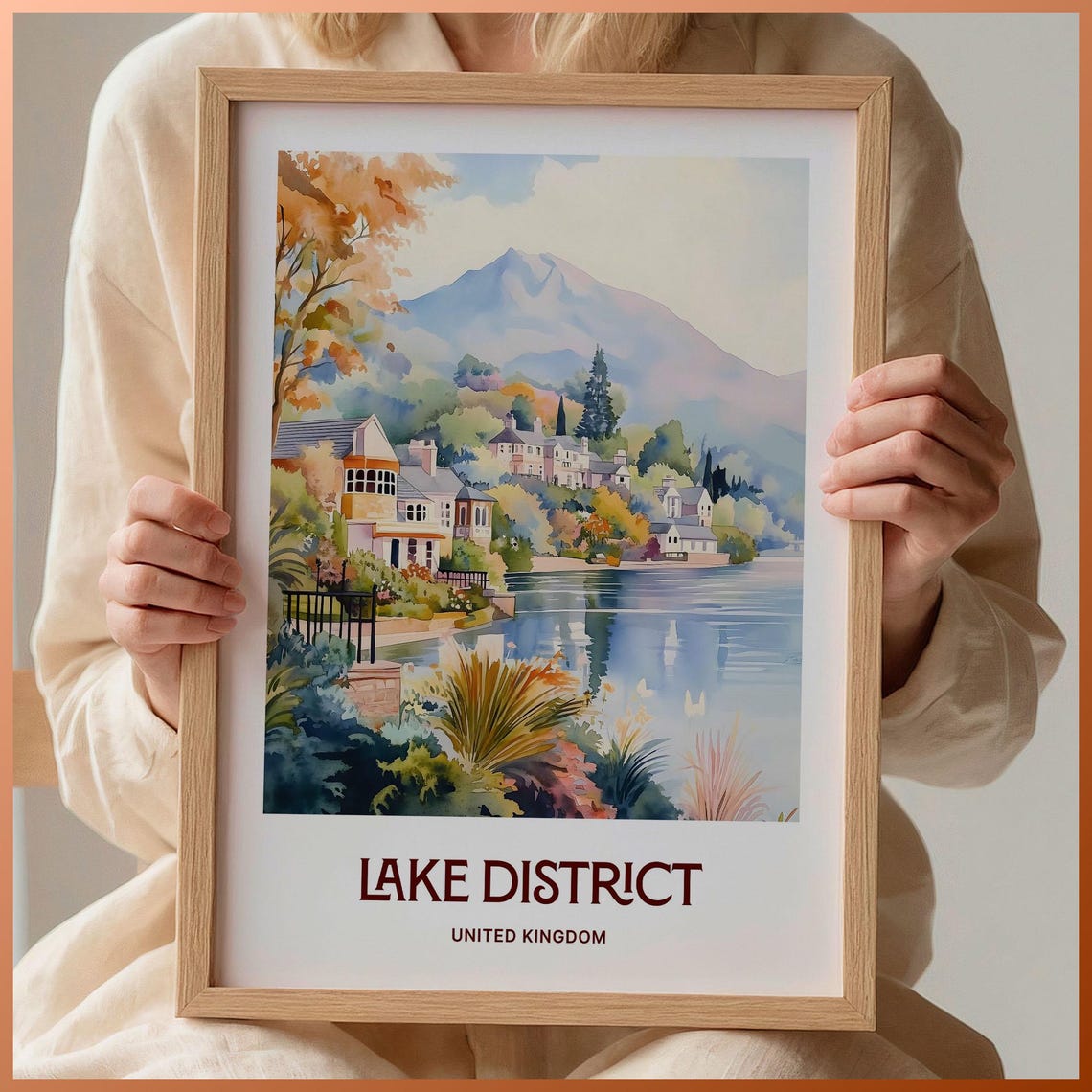 Lake District England Lakeshore Village Watercolor Travel Poster