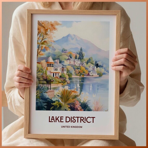 Lake District England Lakeshore Village Watercolor Travel Poster