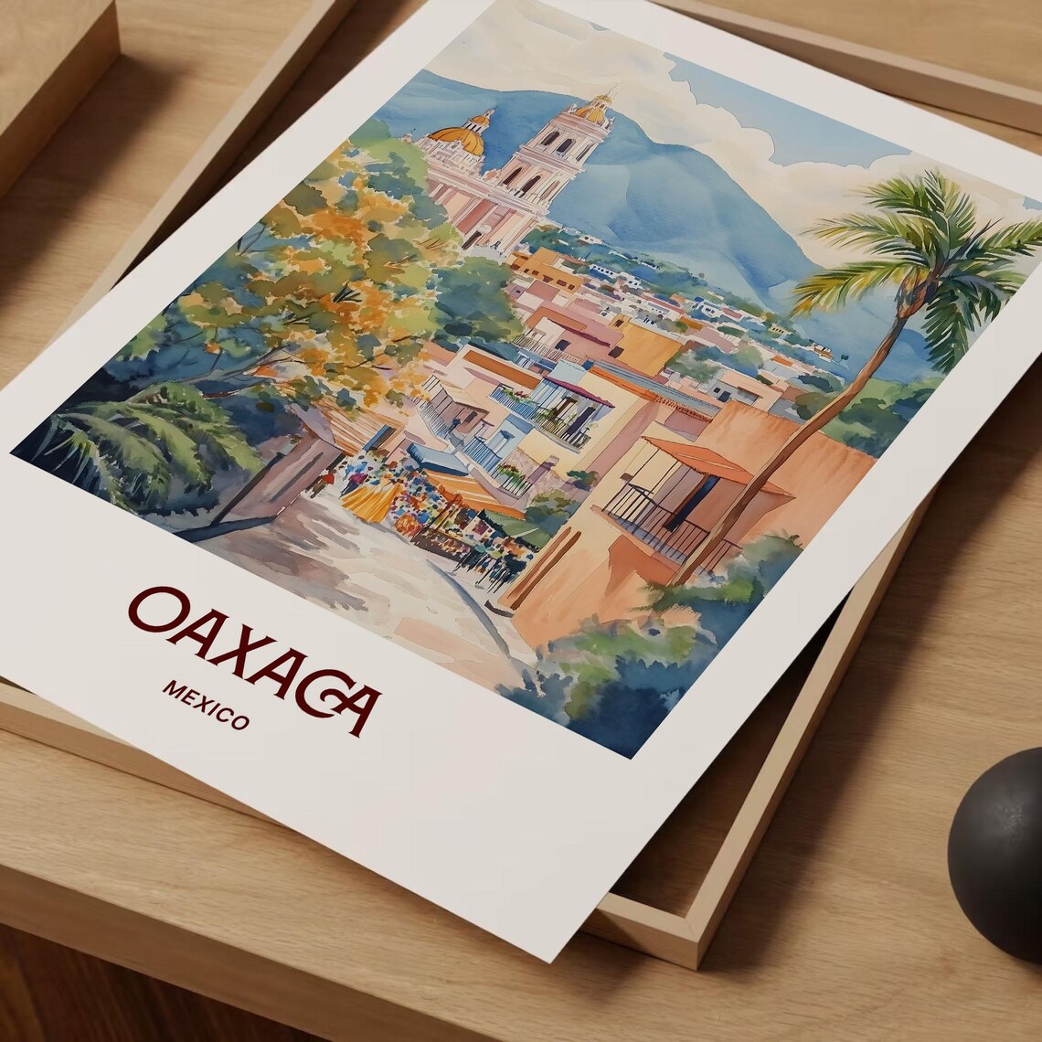 Oaxaca Mexico Cathedral Mountain Street Market Watercolor Travel Poster - Image 2