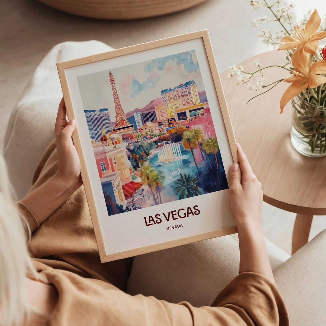 Las Vegas Nevada Strip Skyline Watercolor Poster Fountain Show - Image 5