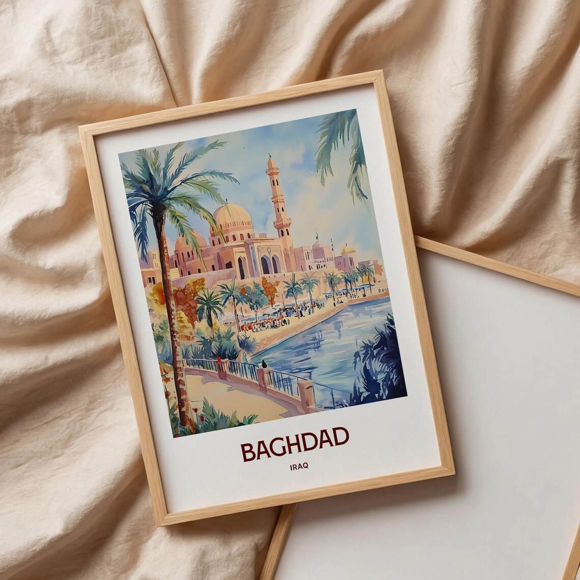 Baghdad Iraq Watercolor Mosque River Palms Riverside Promenade Art Poster - Image 3