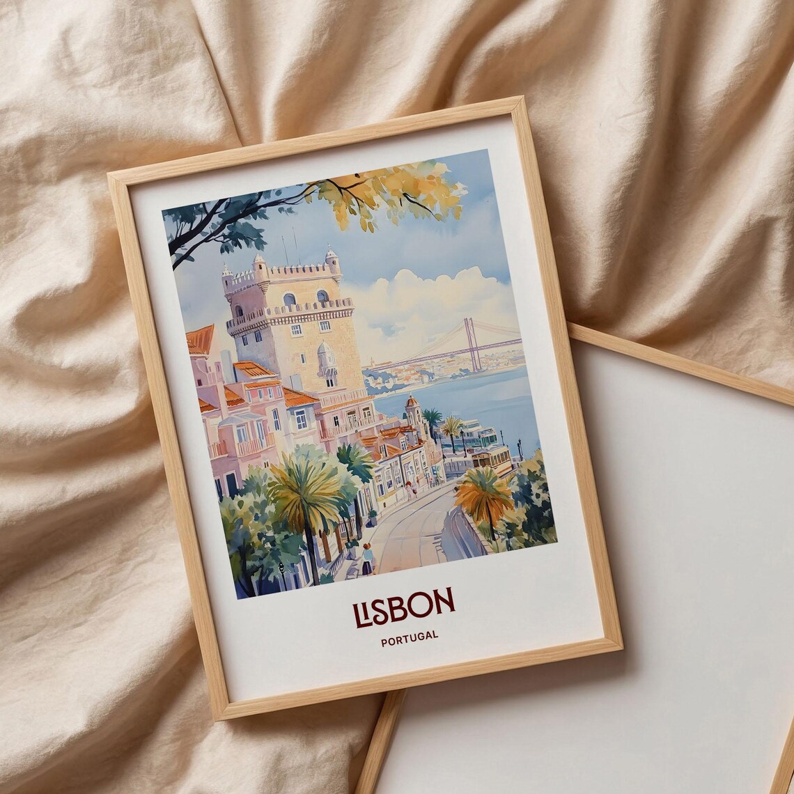 Lisbon Portugal Belem Tower Bridge Tram Watercolor Travel Poster - Image 3