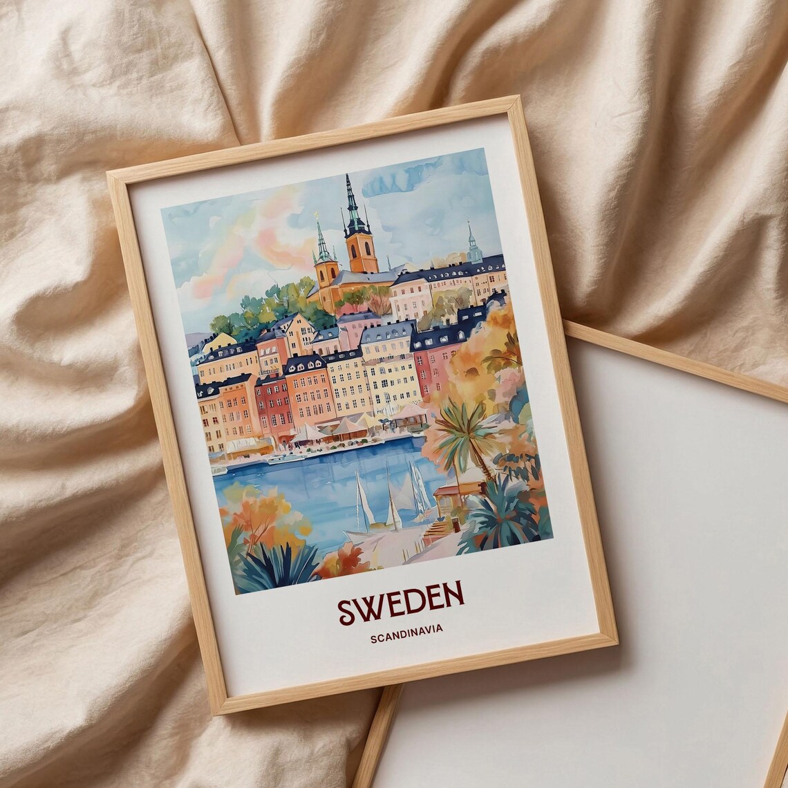 Sweden Stockholm Old Town Sailboat Harbor Pastel Watercolor Poster - Image 3
