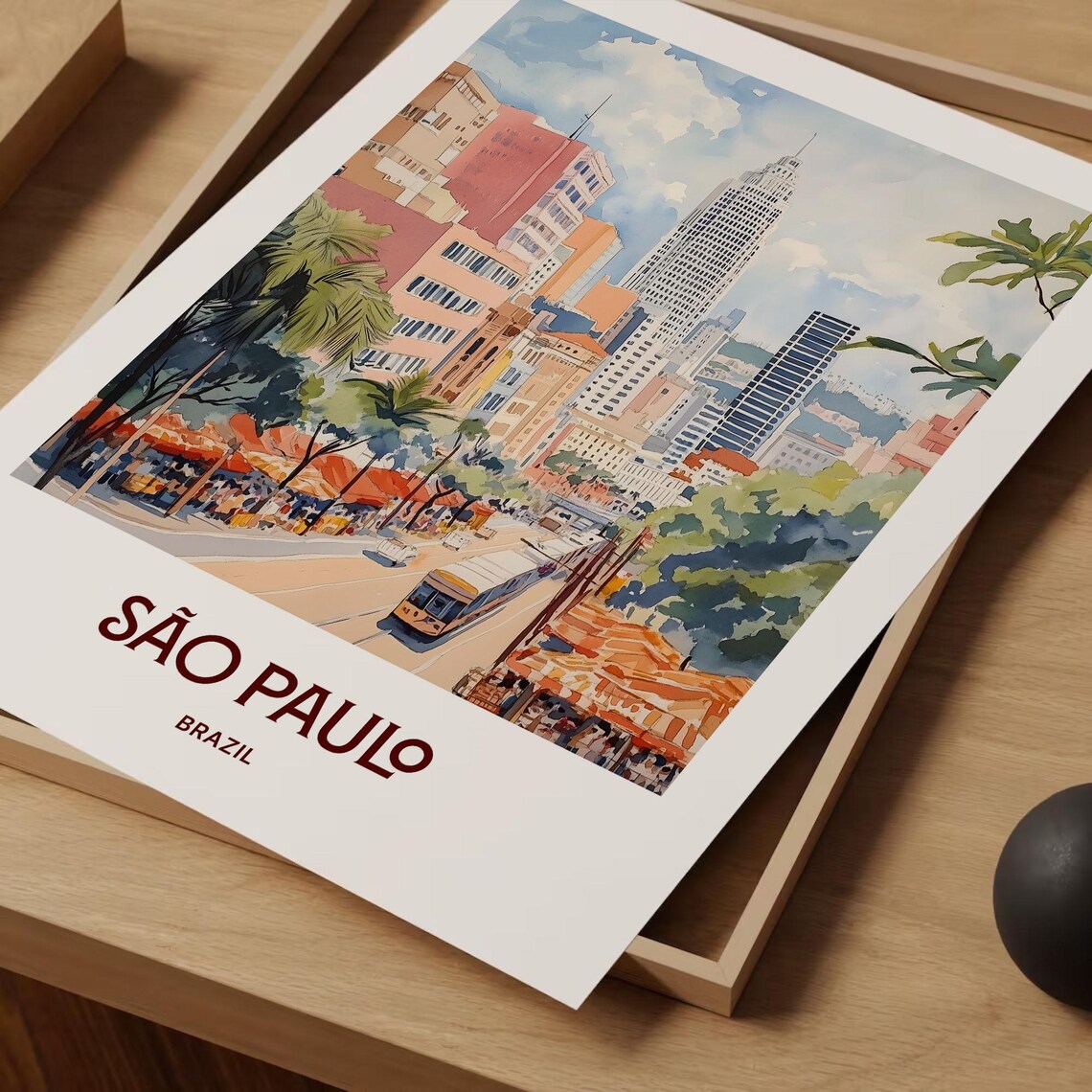 Sao Paulo Brazil City Skyline Tram Street Watercolor Travel Poster - Image 2