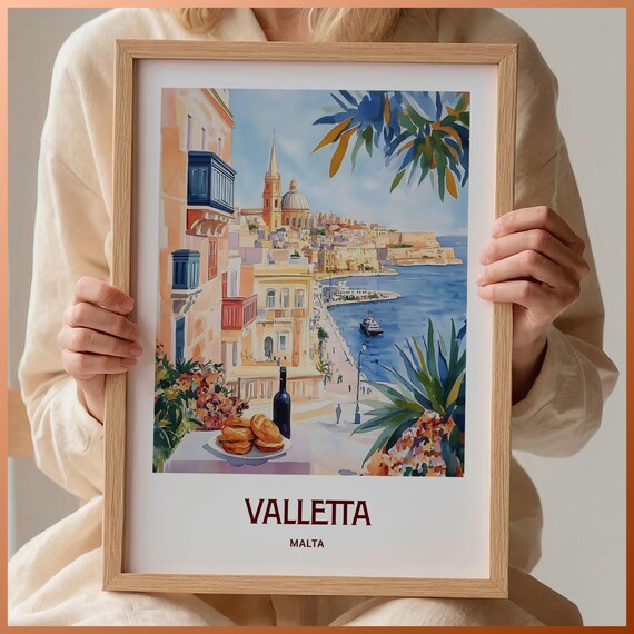 Valletta Malta Watercolor Harbor Old Town Balconies Travel Poster