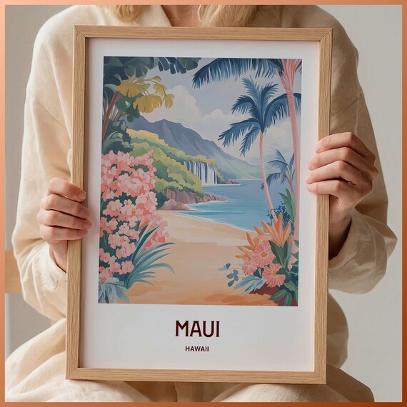 Maui Hawaii Tropical Beach Waterfall Palm Trees Oasis Art Poster