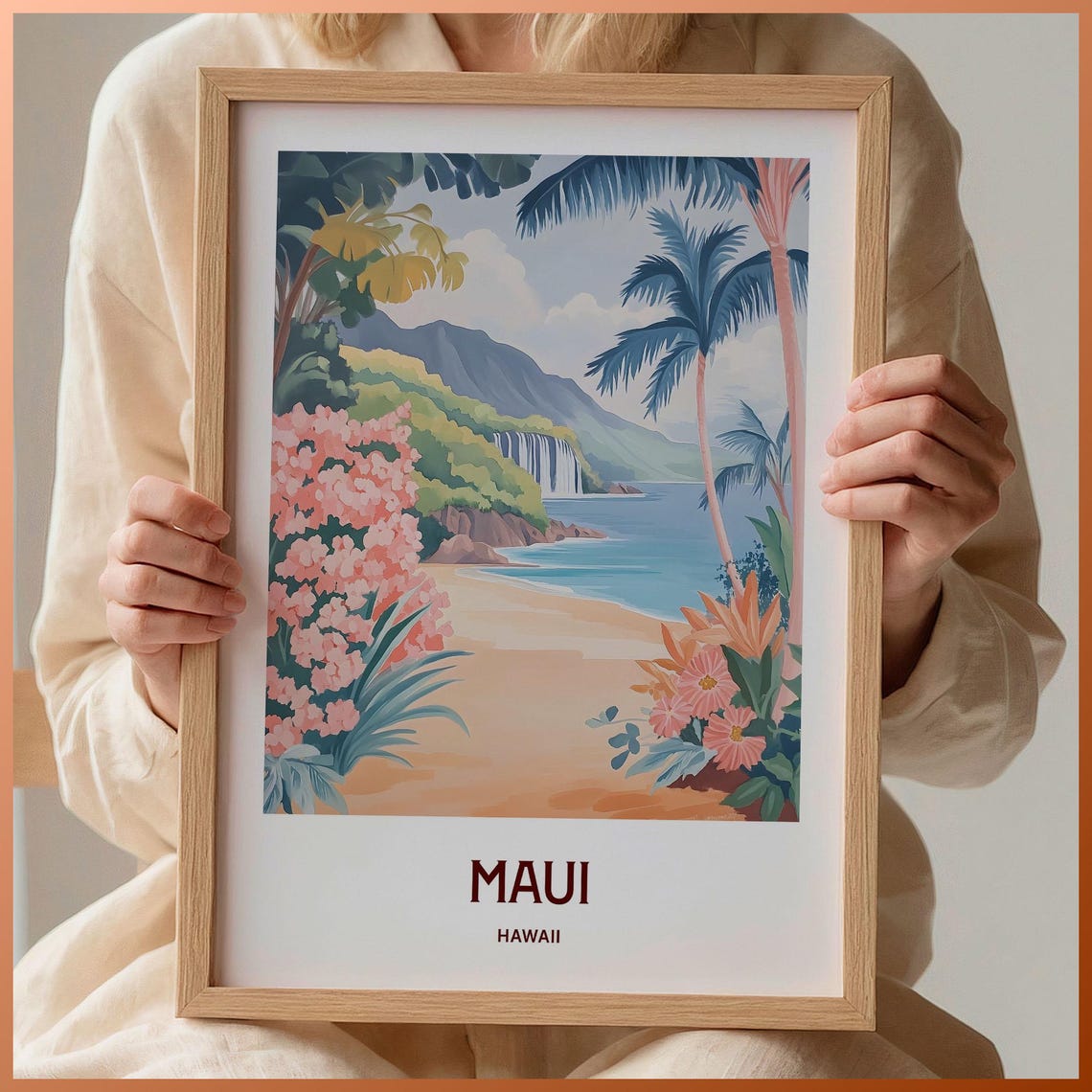 Maui Hawaii Tropical Beach Waterfall Palm Trees Oasis Art Poster