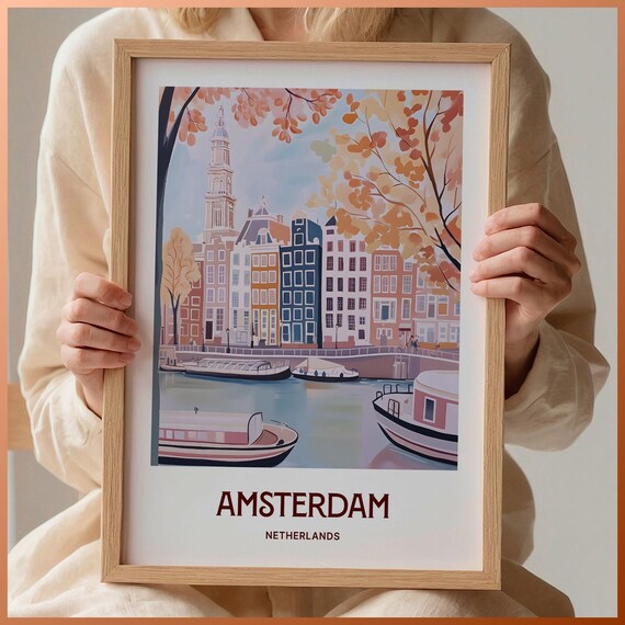 Amsterdam Netherlands Canal Boat Gabled House Autumn Travel Poster