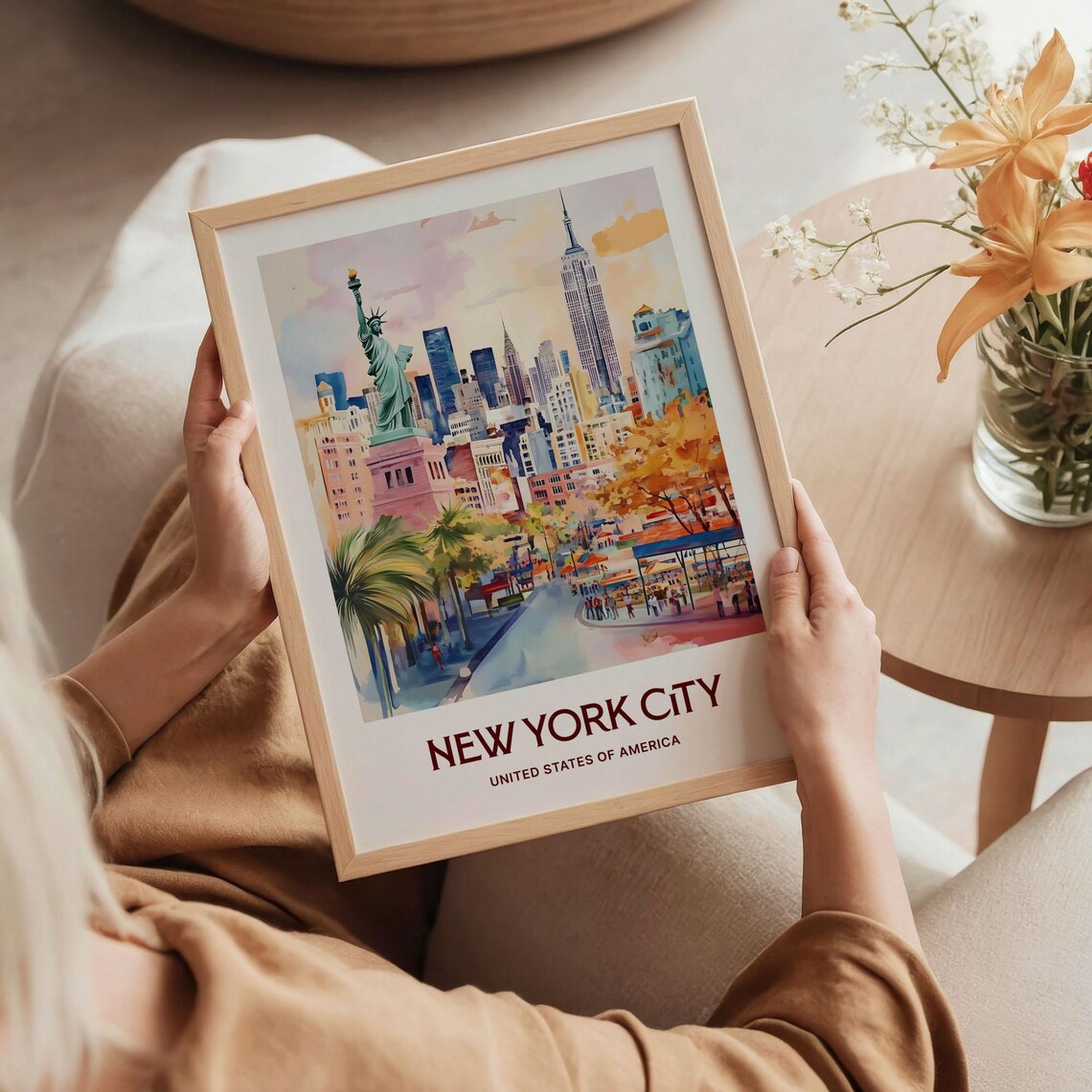 New York City Statue Of Liberty Skyline Watercolor Travel Poster - Image 5