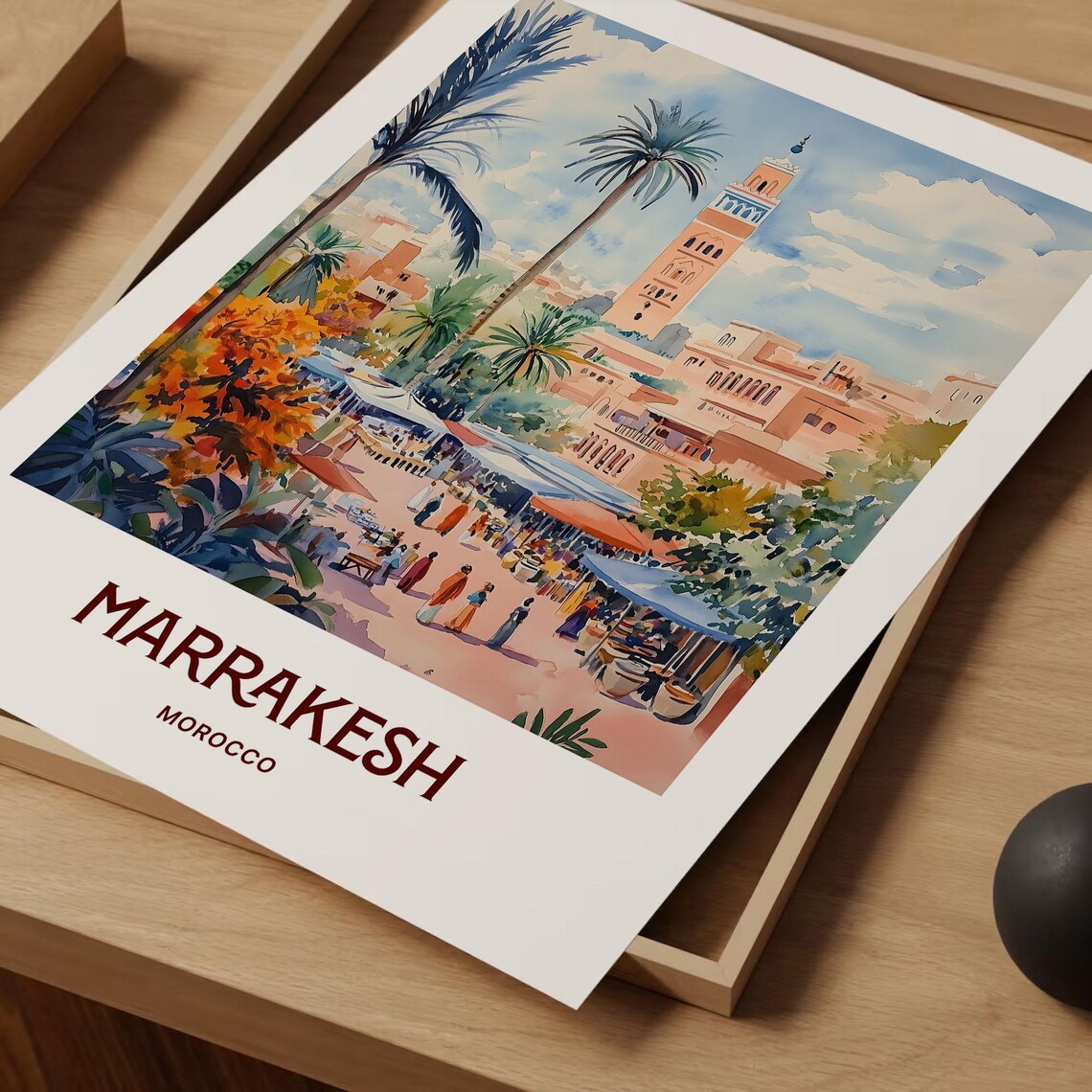 Marrakesh Morocco Koutoubia Minaret Souk Market Watercolor Poster - Image 2