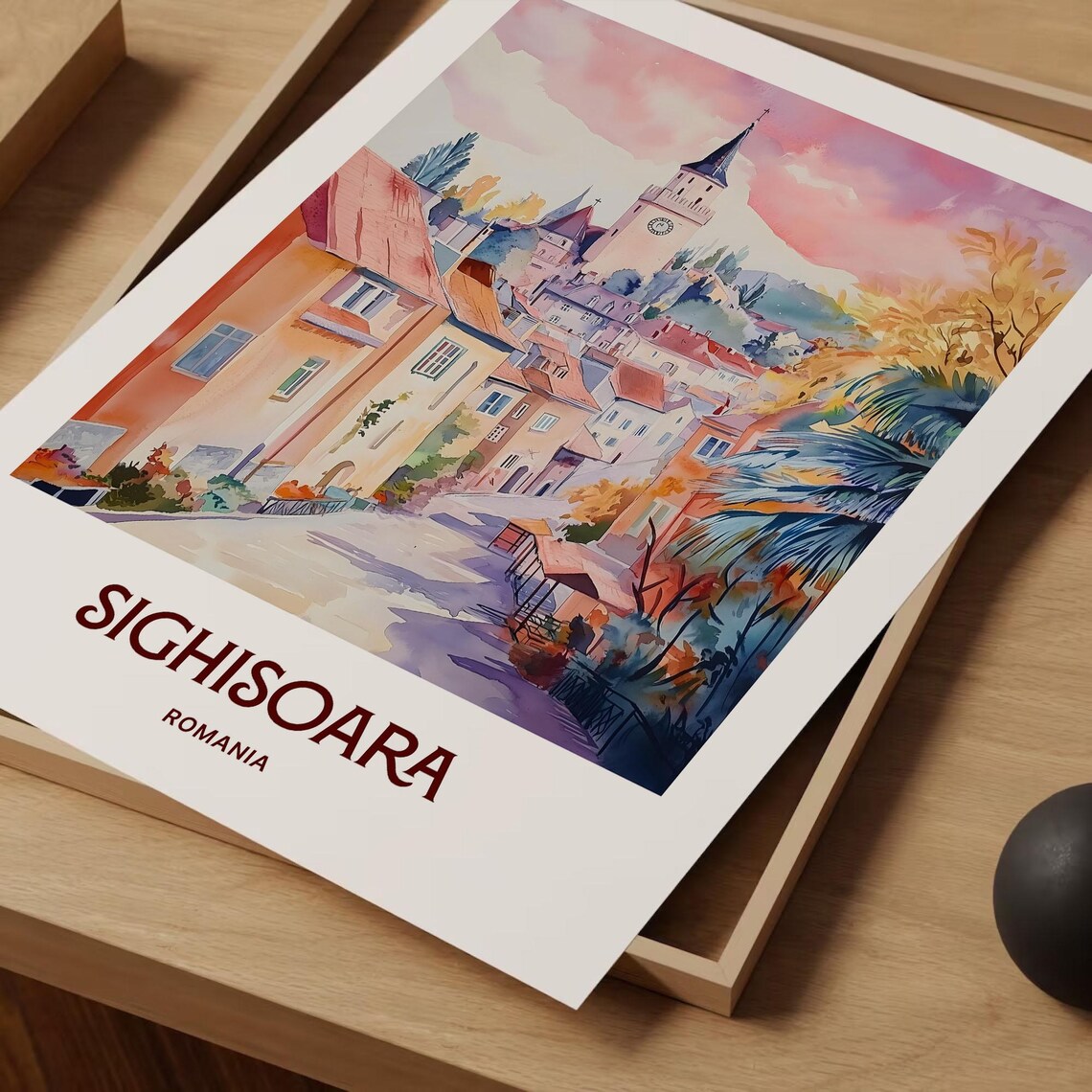 Sighisoara Romania Clock Tower Old Town Watercolor Travel Poster - Image 2