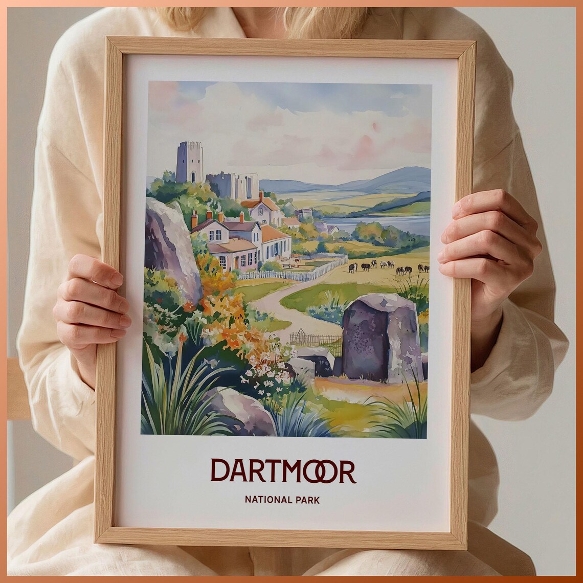 Dartmoor National Park Moorland Village Watercolor Travel Poster