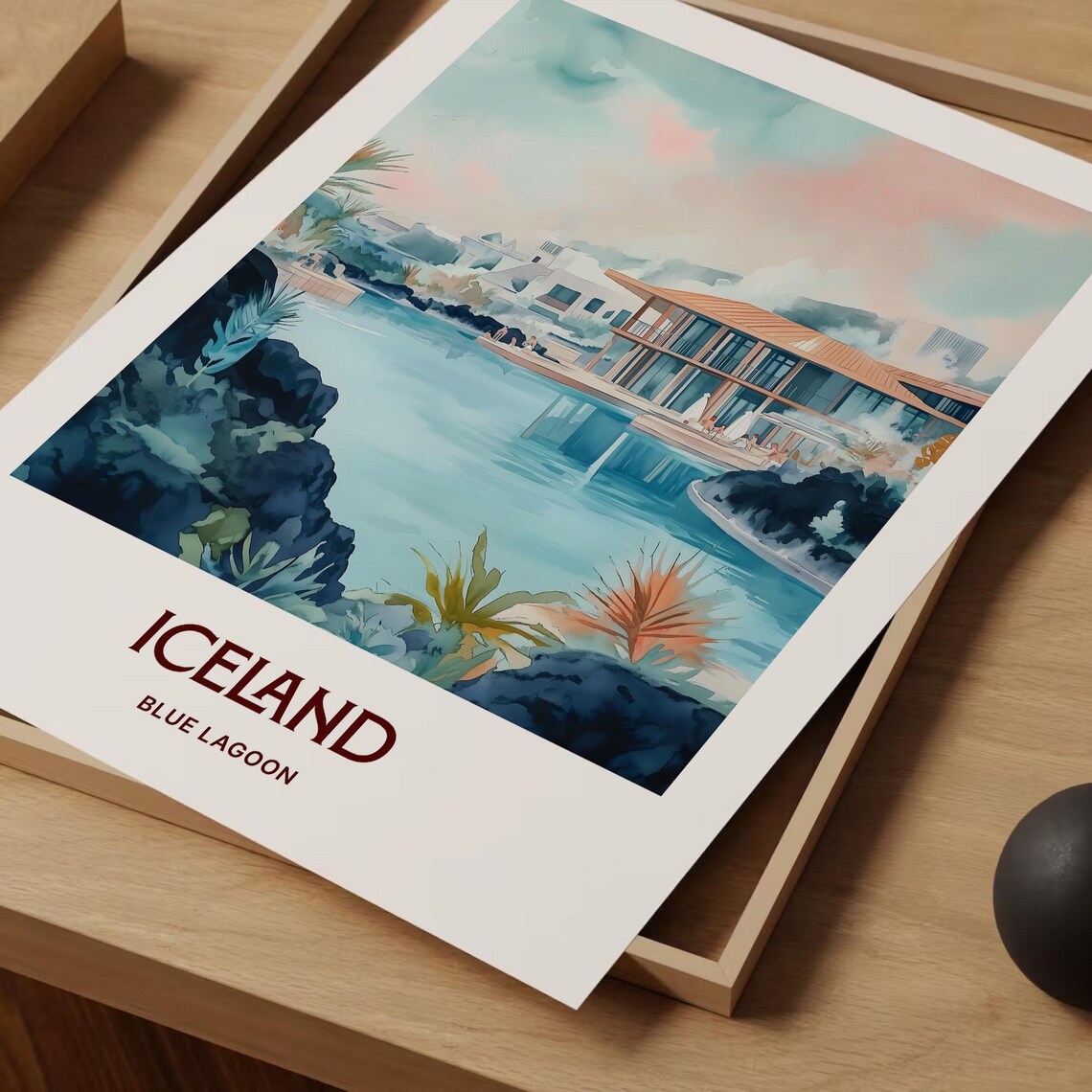 Iceland Blue Lagoon Geothermal Spa Lava Rocks Watercolor Travel Poster - Image 2