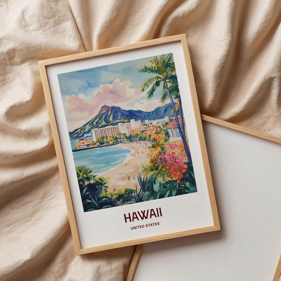Hawaii Waikiki Beach Diamond Head Volcano Watercolor Travel Poster - Image 3