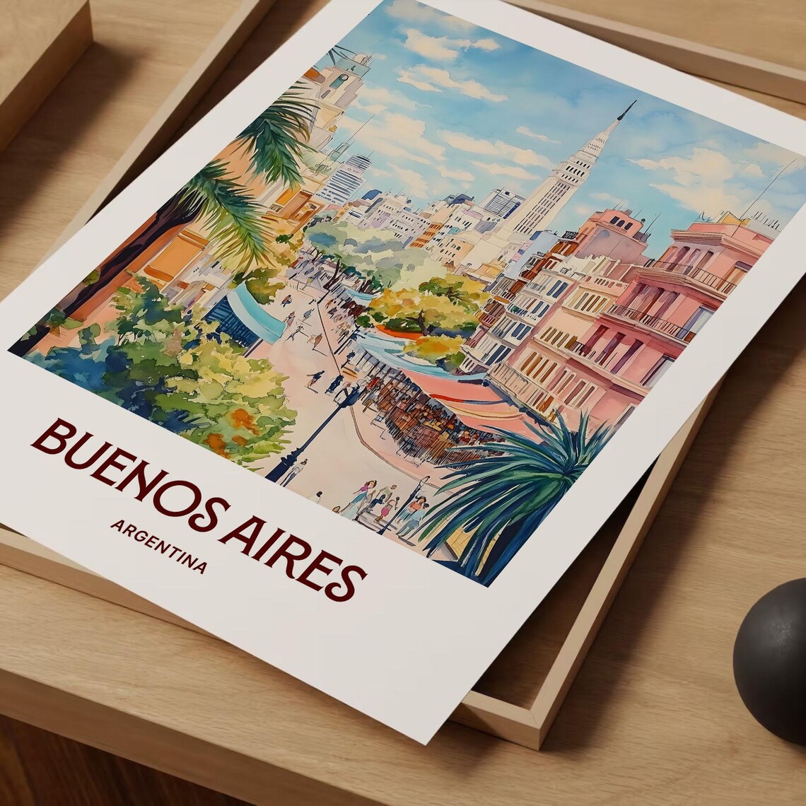 Buenos Aires Argentina Watercolor Avenue Cafe Culture City Scene Poster - Image 2