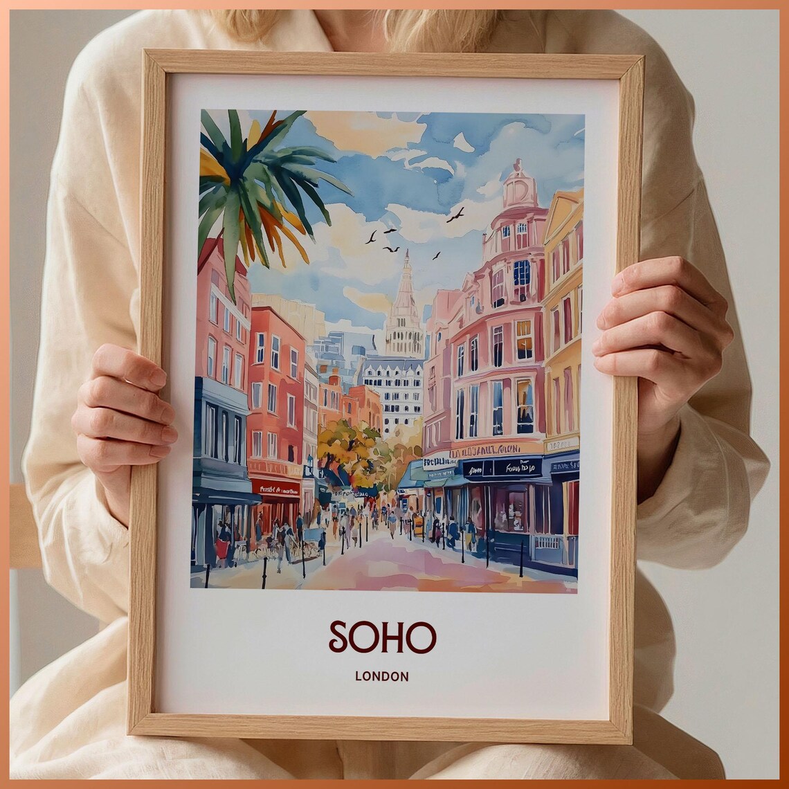 Soho London Colorful Street Scene Watercolor Poster West End