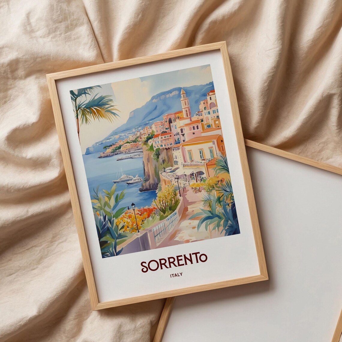 Sorrento Italy Coastal Cliffs Bay Watercolor Travel Poster Art - Image 3