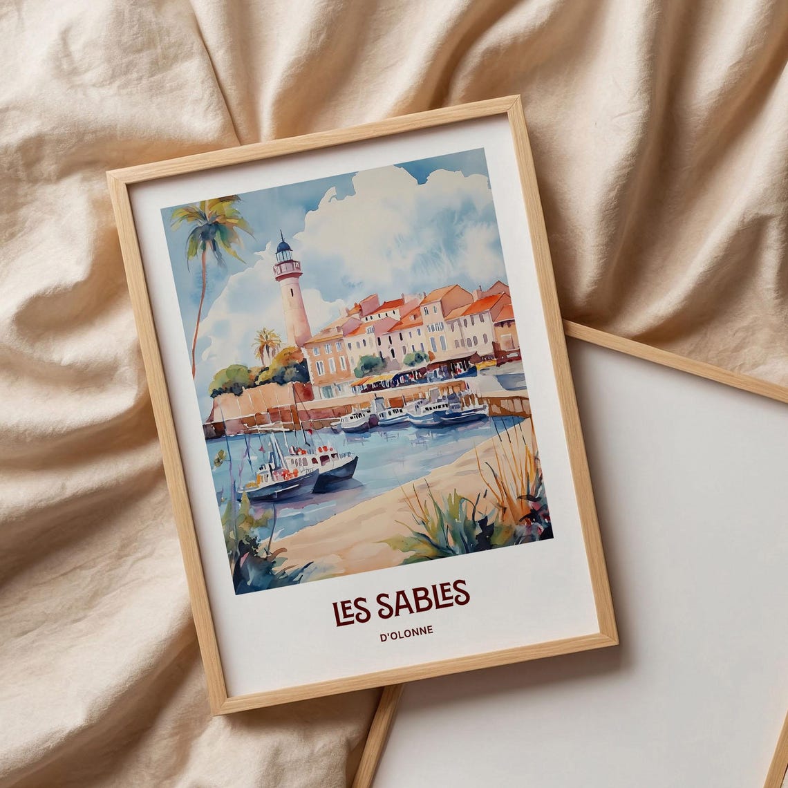 Les Sables Dolonne French Coast Harbor Lighthouse Watercolor Poster - Image 3