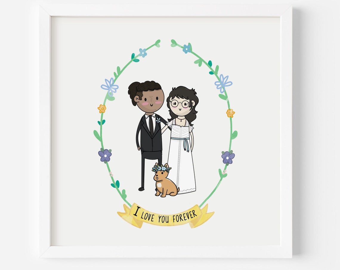 Custom Cartoon Indian Wedding Couple Portrait with Corgi Dog Poster - Image 2