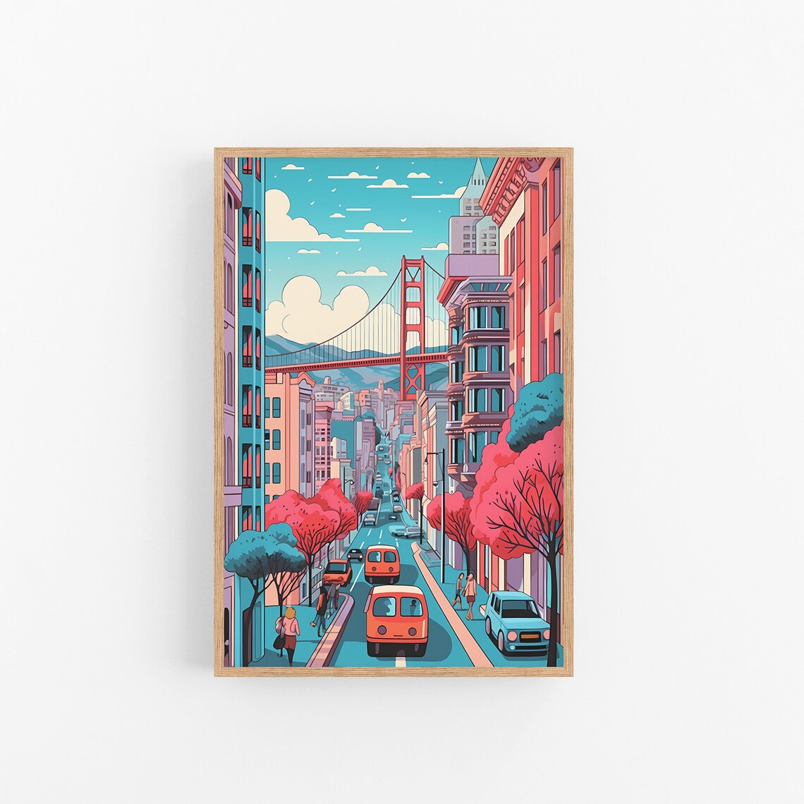 San Francisco Street Golden Gate Bridge Colorful Cityscape Poster