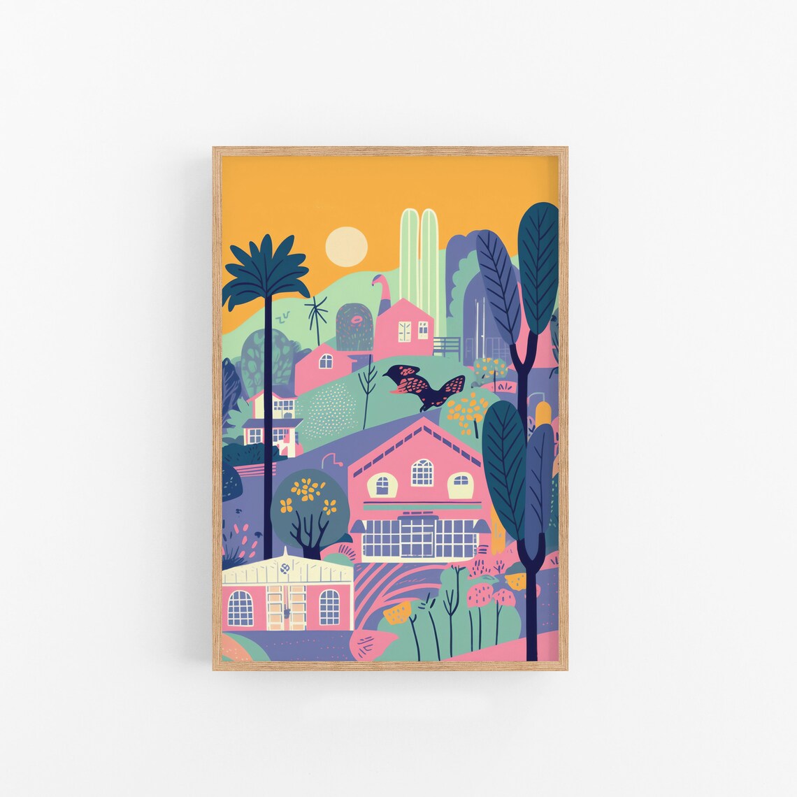 Golden Hour Hillside Homes Butterfly Whimsical Village Wall Art