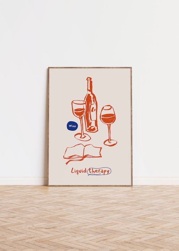 Liquid Therapy Wine Bottle And Glasses Hand Drawn Kitchen Poster