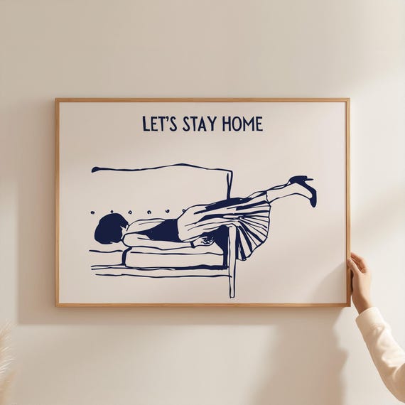 Blue Homebody Club Funny Introvert Print Horizontal Red Bar Cart Wall Art Trendy Apartment Retro Living Room